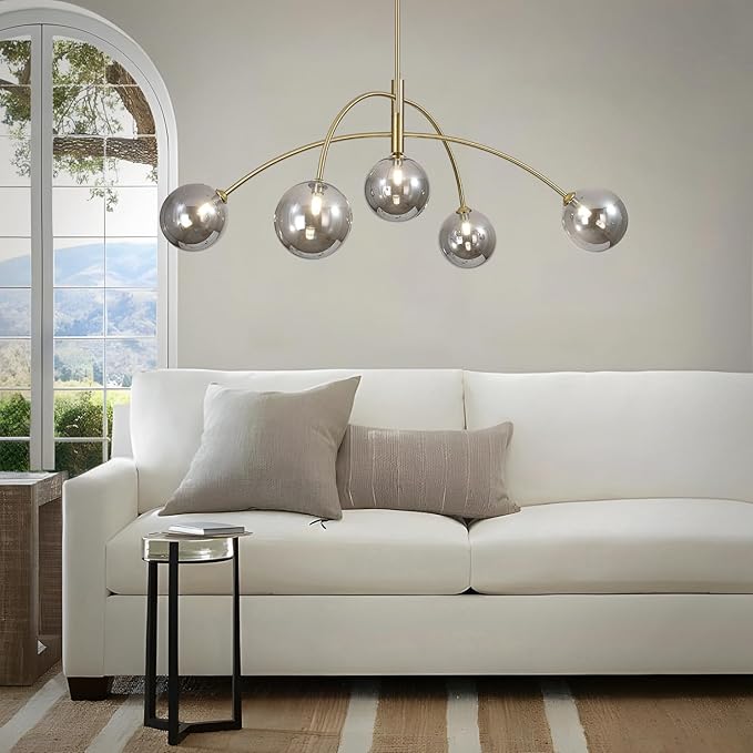 Modern Gold Chandelier 5 Light Smoke Gray Semi Flush Mount Chandelier Vintage Industrial Ceiling Light Dining Room Chandelier for Kitchen Bedroom Hallway