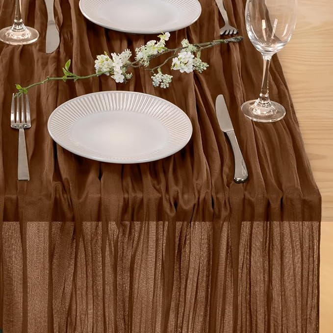 MLMC Brown Cheesecloth Table Runner 10ft Boho Rustic Gauze Coffee Cheese Cloth Table Runner Neutral Fall Centerpiece Decor 35x120 Inches for Wedding Farmhouse Reception Home Decor