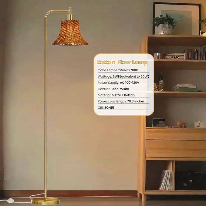Floor Lamp,67" Modern Vintage Standing Lamp with Bamboo Weave Lampshade Metal Pole for Living Room, Bedroom, Office - Heavy Base,Pedal Switch(Include E26 Bulb)