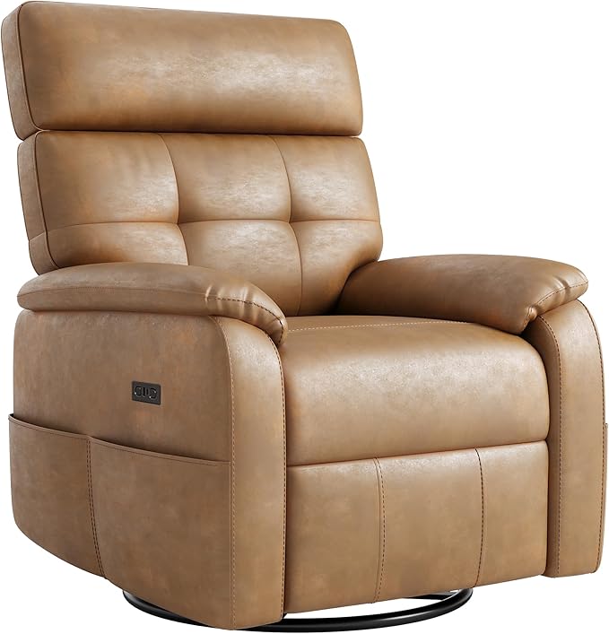 Overized Power Swivel Rocker Recliner Chair,PU Leather Sofa Reclining for Adults,Adjustable Rocker Reclining Sofa Lounge with USB&Type-C Ports,Side Pocket,for Living Room,Light Brown