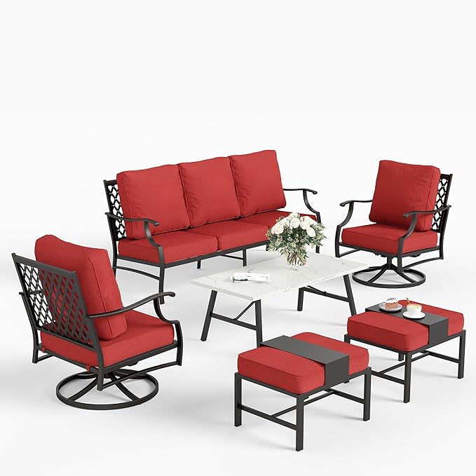 6 Piece Metal Outdoor Patio Furniture Set, Patio Conversation Sets 1 3-Seater Sofa, 2 Swivel Chair, 2 Ottomans with 5.75" Thick Cushion and Coffee Table, Black Backyard Furniture, Red