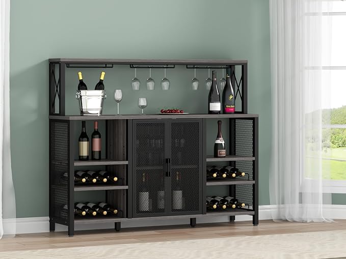 Bar Cabinet, 55 Inches Industry Coffee Bar Cabinet with Wine Rack and Glass Holder, Kitchen Sideboard Buffet Cabinet with Wine Rack Storage for Liquor and Glasses (Rustic Grey)