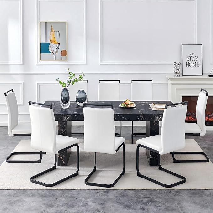 79" Modern Dining Table Set|Marble Dining Table Set with 8 Faux Leather Chairs|Engineered Wood with Marble Pattern Tabletop|Widened and Stable Tablelegs|Easy Assembly
