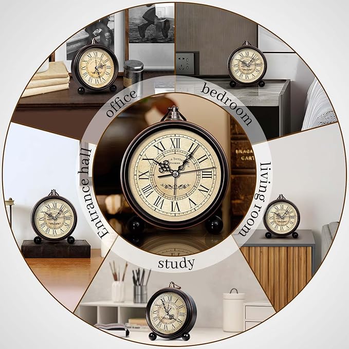 Vintage Analog Alarm Clock, 6.1" Silent Non-Ticking Quartz Desk Clock with Roman Numerals, Battery Operated Table Clock for Bedroom, Living Room, Office, or Gift (White)