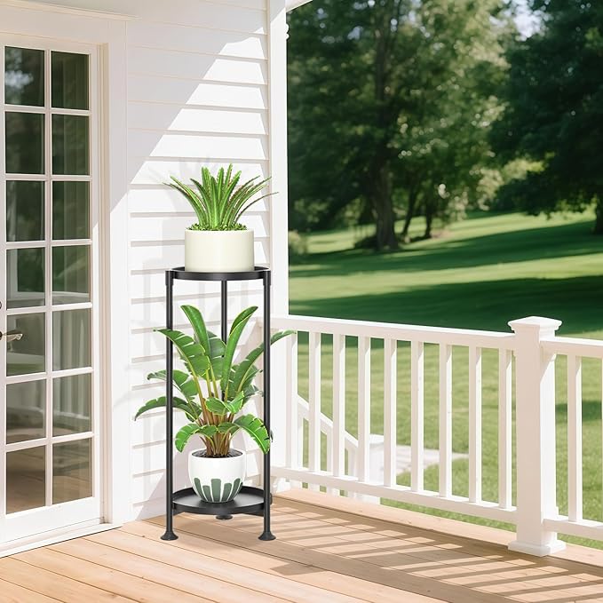 LASZOLA 2 Tier Black Plant Stand Indoor for Large Tall Heavy Duty Flower Planter, Metal Vertical Multi Level Rack for Narrow Floor Corner, Sturdy Round Holder Organizer, Modern, Mid Century, Farmhouse