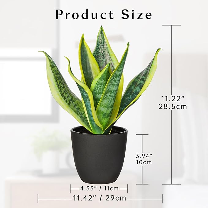 Fake Plant 11.22 Inch Fake Snake Plant Artificial Plants Indoor Sansevieria Faux Plants with Black Pot Artificial Snake Plant for Living Room Bathroom Office Table Centerpieces Shelf Home Decor