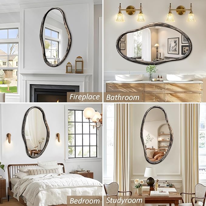JJUUYOU Irregular Mirror Asymmetrical Wall Mirror 36"x24" Modern Hanging Mirrors for Bathroom Bedroom Living Room Hallway Large Wall Mounted Makeup Dressing Mirrors Rustic Black