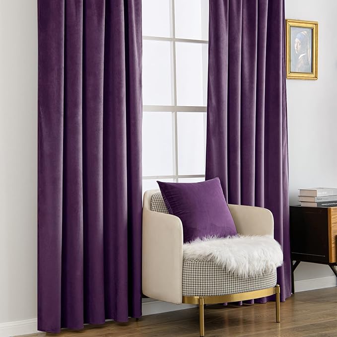 MIULEE Purple Velvet Curtains 108 inches - Luxury Blackout Curtains for Bedroom Living Room Thermal Insulated Super Soft Window Drapes Rod Pocket & Back Tab, W52 x L108 inches, 2 Panels