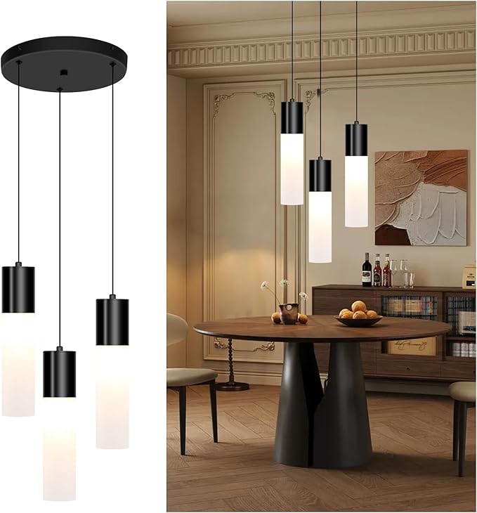 Cluster Pendant Lighting Fixture Black 3-Light Modern Hanging Dining Table Light with Milky White Lampshade LED Pendant Lights for Kitchen Island Dining Room Adjustable Height, 3000K-6000K