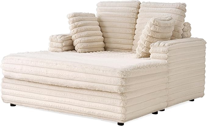 VanAcc 53 Inch Chaise Lounge Indoor, Upholstered Sofa Bed with Throw Pillows and Armrests, Sleeper Chair- Plush Chair Bed for Living Room, Off-White