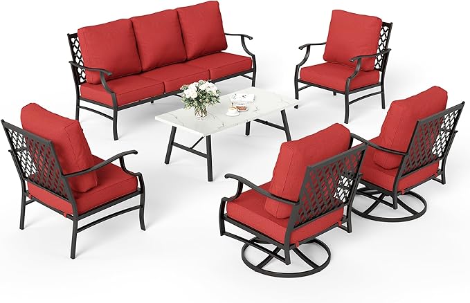 6 Piece Metal Outdoor Patio Furniture Set, Patio Conversation Sets 1 3-Seater Sofa, 2 Swivel Chair, 2 Leg Chair with 5.75" Thick Cushion and Coffee Table, Backyard Furniture Set, Red