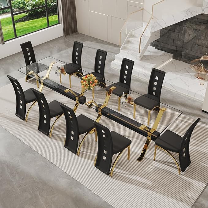 71'' Modern Dining Table Set for 6,7 Piece Glass Dining Table Set with Open‑Frame X‑Shaped Golden Metal Base,Gold Kitchen Table and Chairs Ideal for Dining Room&Home Office