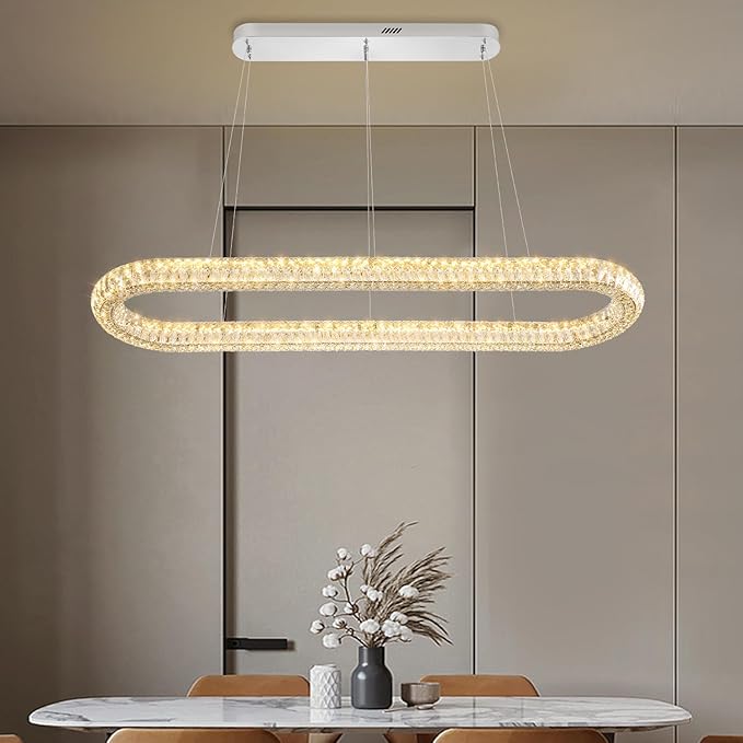 Oval Crystal Ring Chandelier for Living Room, 47.2'' Chrome Ring Pendant Light for Kitchen Island Modern Linear Oval Chandeliers for Dining Room Dimmable 3000K-6000K