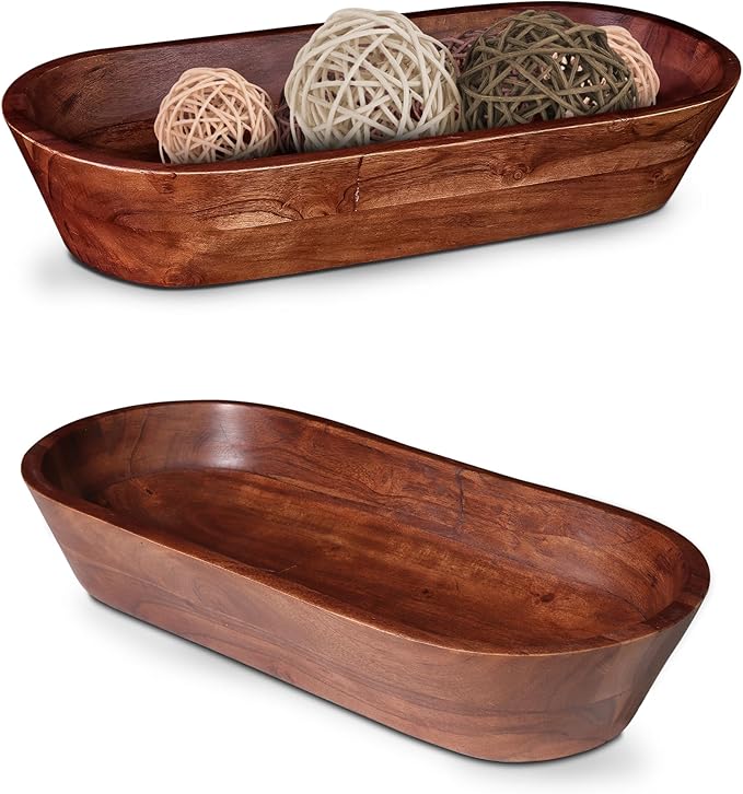 Luxe Designs Wooden Dough Bowl - Dark Burnt Acacia Wood - Handmade Decorative Bowls for Home Decor, Bathroom, Kitchen Counter, & More - Rustic Large Wood Dough Bowl for Decor, Cosmetics, and Keys