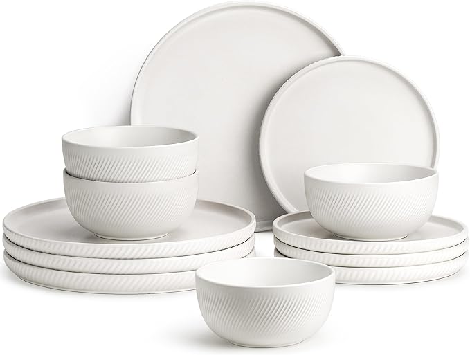 Earthsong Dinnerware Sets for 4, 12-Piece Ceramic Plates and Bowls Set, Dishwasher and Microwave Safe Stoneware Dishes Set, Ribbed, Snowcrest White