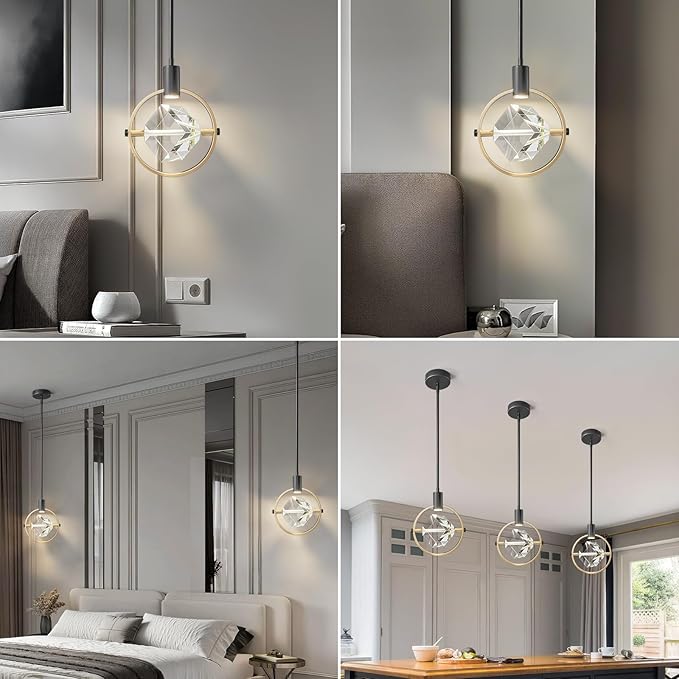 Modern Crystal Pendant Light in Black Mini Dimmable Integrated LED Light Fixtures Metal Rod Ceiling Black Gold Chandelier for Kitchen Island Bedroom Dining Room Bar(1-Lights)