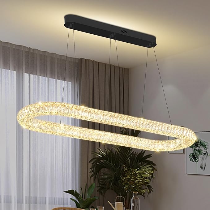 Oval Crystal Chandelier, 47.2'' Black Crystal Ring Pendant Light for Kitchen Island Modern Linear Oval Chandeliers for Dining Room Dimmable 3000K-6000K