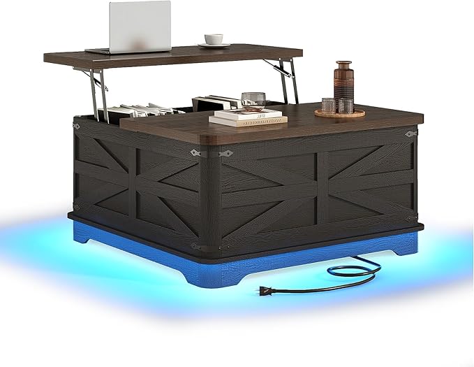 36" Farmhouse LED Lift Top Coffee Table with Storage and Power Outlets, Square Wood Living Room Tables with LED Lights & Large Hidden Space, Lift Wooden Barn Door Center Table, Black