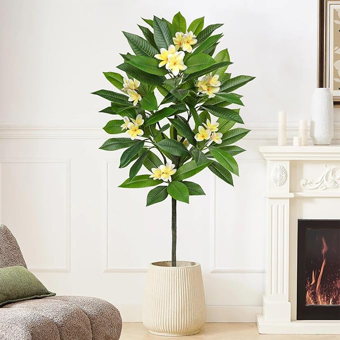 Briful Artificial Plants Indoor 5.09ft Fake Tropical Plumeria Flowers Tree in Black Pot Hawaiian Yellow Plumeria Faux Frangipani Tree Potted Floor Plant for Home Office Wedding Decor