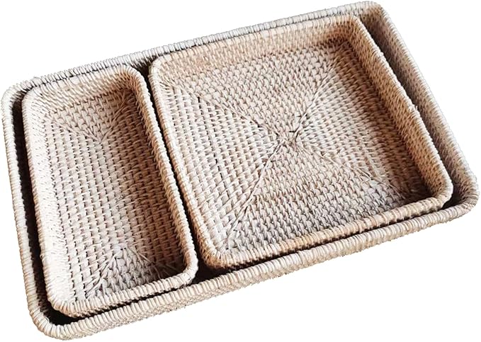 i-lan Set of 3 Handmade White Rattan Rectangle Serving Tray,Washed White Wicker Serving Organizer Tabletop Fruit Platter with 2”Wall,14 Inch Decorative Bread Drinks Snack Storage Serving Basket Tray