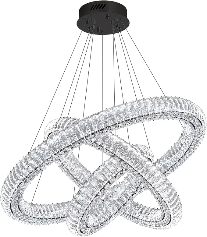 3 Rings Crystal Chandeliers for Living Room Black Chandelier High Ceiling Chandeliers for Foyer LED Dimmable3000-6000K D32+D24+D16