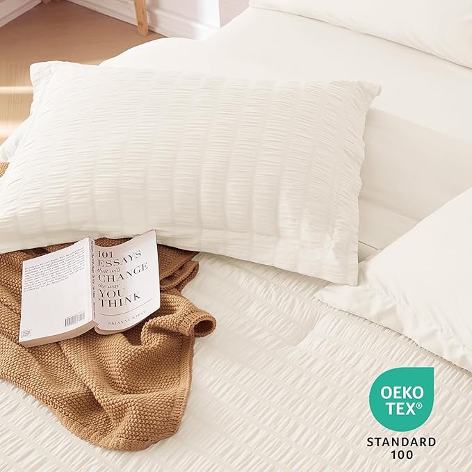 MUXHOMO 7 Pieces Full Comforter Set, Seersucker Bed in a Bag Full Size, All Season Luxury Bedding Set with Comforter, Flat Sheet, Fitted Sheet, Pillowcases & Shams, Ivory