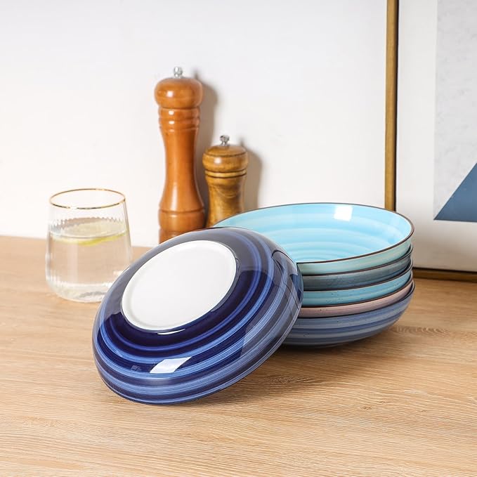 KitchenTour Large Pasta Bowls 34 oz, Ceramic Salad Serving Bowls Set of 6, 8.6 Inch Wide and Shallow for Soup- Dishwasher and Microwave Safe, Assorted Cool Colors