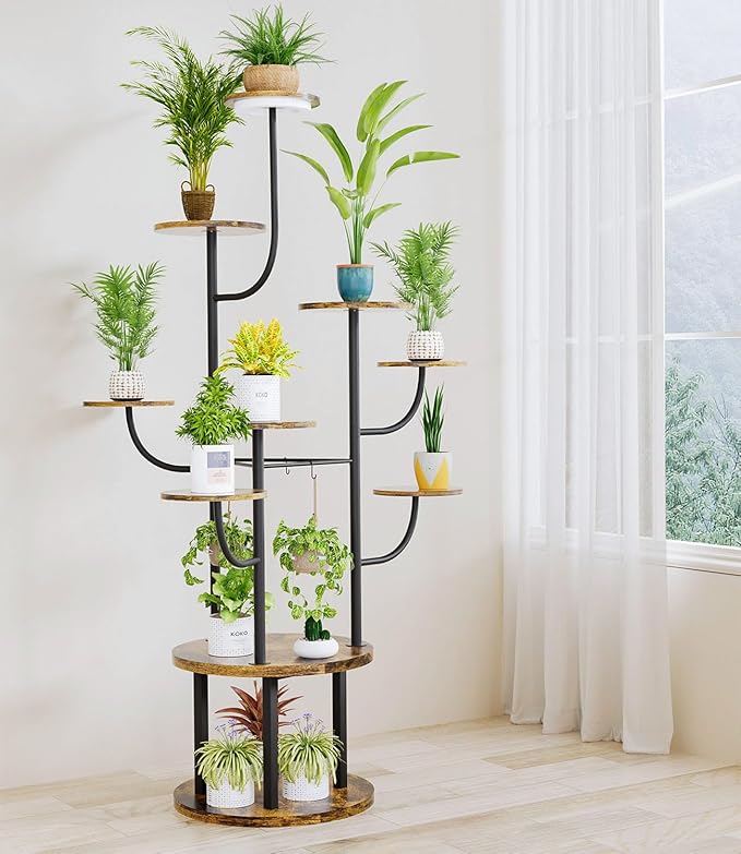 60" Tall Indoor Plant Stand 10 Tiered Adjustable with Grow Light,Metal Rotating Plant Shelf for Multiple Plant Display Indoor, Flower Holder Stand for Living Room,Bedroom,Office,Balcony
