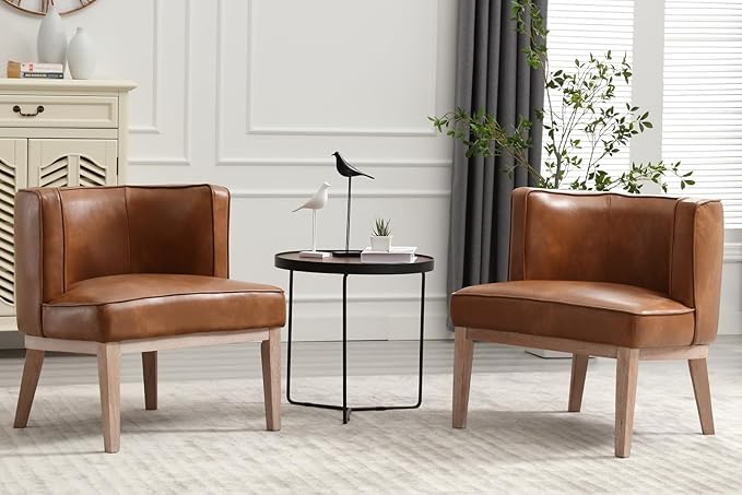 Arm Accent Chair Barrel Accent Chair with Wood Legs, Brown Leather Comfy Barrel Round Side Chair Upholstered Reading Chairs with Back for Living Room Bedroom Living Room Chair, Brown