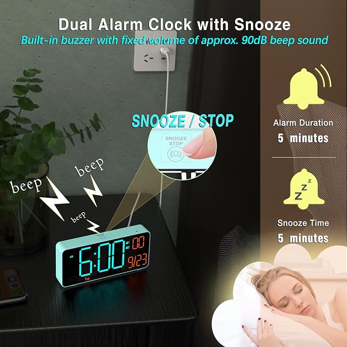 KOSUMOSU Alarm Clock for Bedroom, 6.7in Small Digital Clock, Auto Dimming, Room Temperature, Day of The Week, Date, Alarm Clocks for Living Room, Desk Clocks