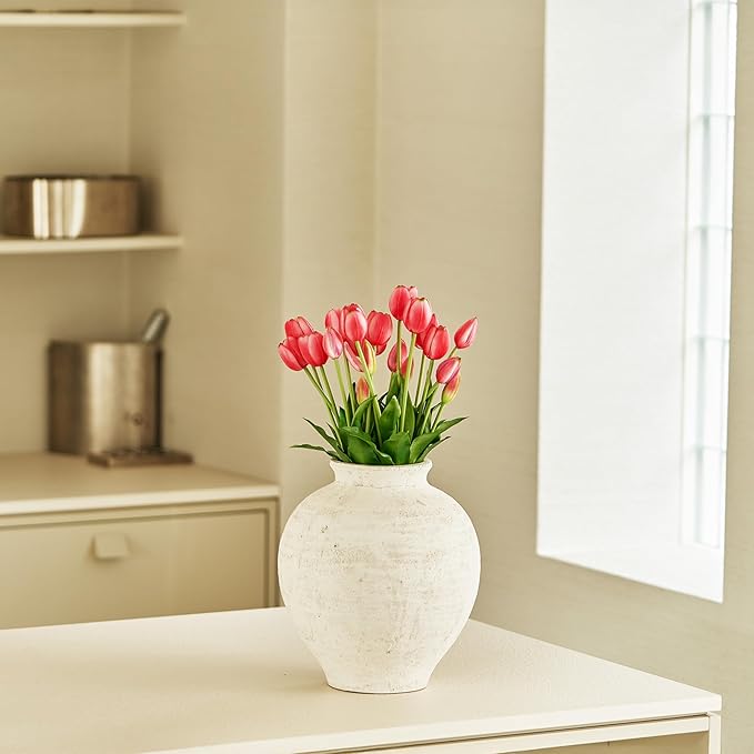 LB2 Large White Ceramic Vase, 11" Tall Zen Style vase, Terra Cotta Pitcher Vase, Distressed Farmhouse Decor, Pottery Decorative Flower for Home Decor (H 11.8" X 11")