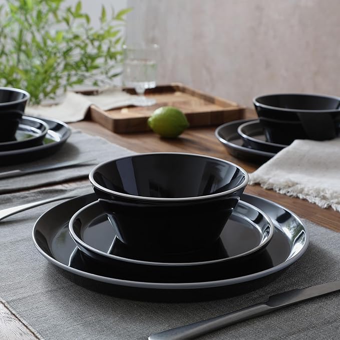 Famiware Saturn Dinnerware Sets, Plates and Bowls Sets for 4, 12 Pieces Stoneware Dish Set - Chip and Scratch Resistant, Microwave and Dishwasher Safe Tableware Set, Black with Rim