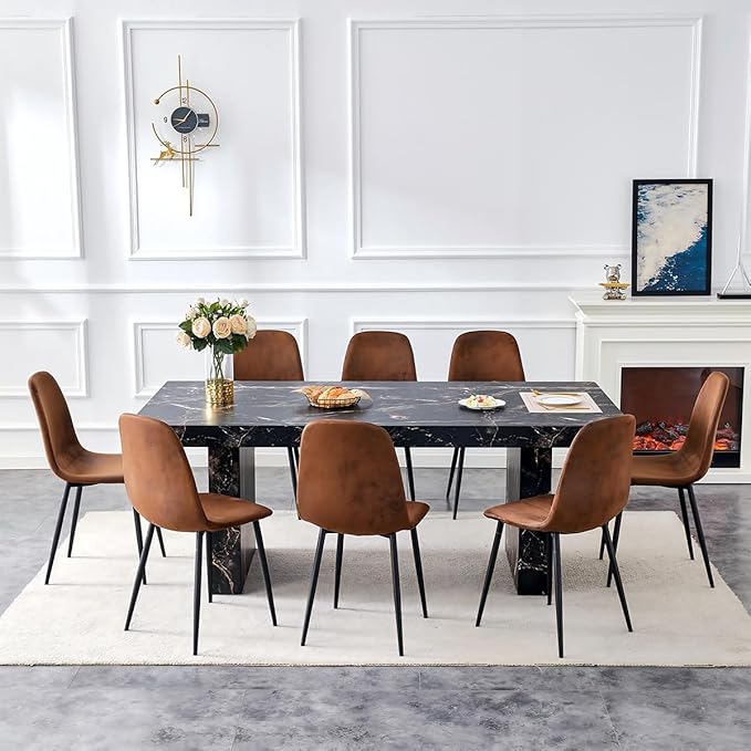 79" Marble Dining Table Set|Modern Dining Table Set with 8 Suede Chairs|Engineered Wood with Marble Pattern Tabletop|Widened and Stable Tablelegs|Easy Assembly