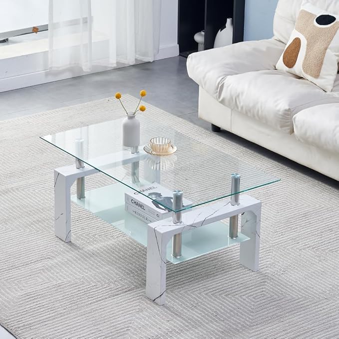 Living Room Rectangle Coffee Table, Tea Table Suitable for Waiting Room, Modern Side Coffee Table with Wooden Leg, Glass Tabletop with Lower Shelf, Marble