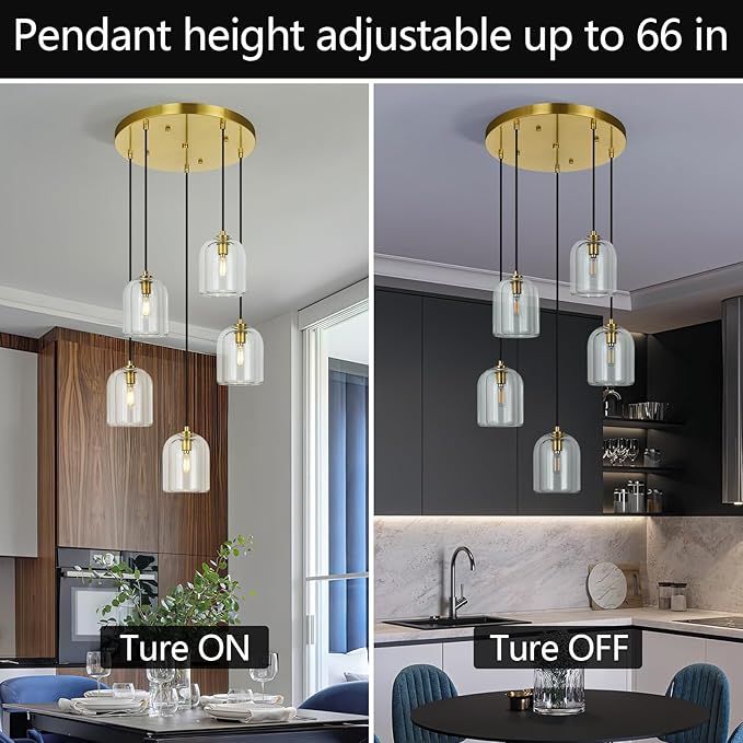 Modern Gold Pendant Lights Kitchen Island Ceiling Chandelier Indoor Crystal Hanging Light Fixtures for Dining Room Kitchen Living Room Bedroom(5Light)
