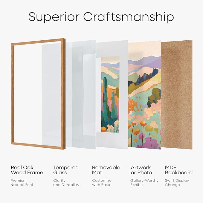 Homeforia Wood Square Frame 14x14, High End Natural Oak 14 x 14 Light Wooden Picture Frames with Mat 12 by 12 inch Photo, 14by14 Poster Frames Matted to 12x12 Print, Tempered Glass, Wall Kit, Set of 1