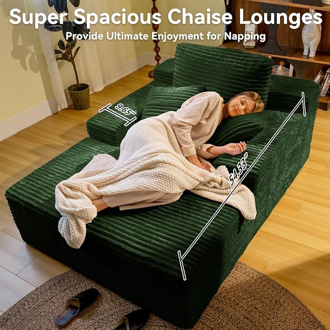 67" Oversized Chaise Lounge Chair Indoor, Cloud Couches for Living Room, Corduroy Sleeper Sofa Bed, No Assembly Required, Deep Seat Lounge Chair with Pillows Green