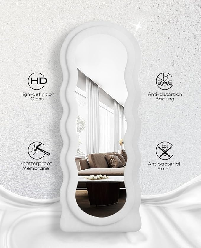 Full Length Mirror, 63"x24" Wavy Floor Mirror, Arched Standing Mirrors Full Length, Cloud Shaped Flannel Wall Mirror, Dressing Body Mirrors Hanging or Leaning Against Wall for Bedroom (White)
