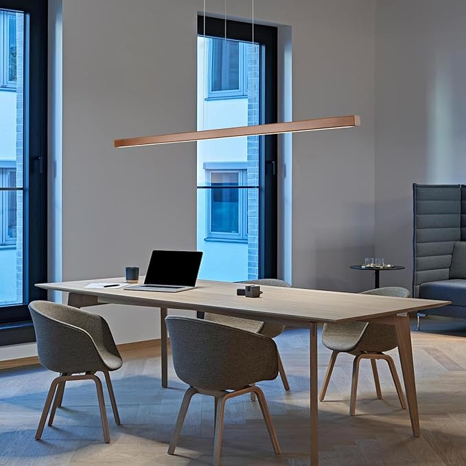 71" Walnut Wood Linear Pendant Light Dimmable LED Chandelier 40w Remote Adjustable Hanging Height Modern Farmhouse Minimalist Fixture for Kitchen Island Dining Room & Bar