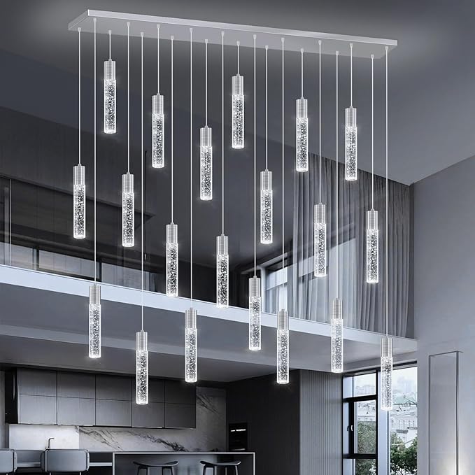 20-Lights Modern Crystal Chandeliers LED Pendant Light for Kitchen Island Dining Room Entrance Foyer Living Room Silver
