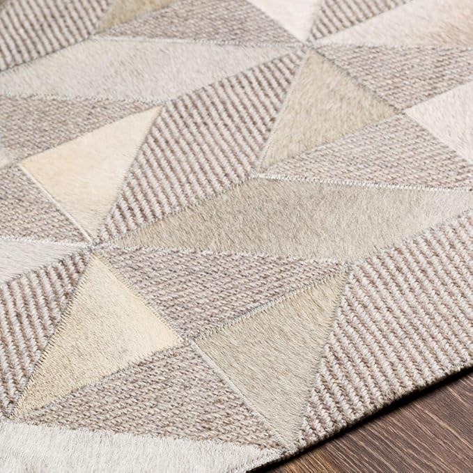 Geometric Pattern Area Rug, Leather and Wool Blend Carpet, Beige and White (Natural Multi-116, 5x8)