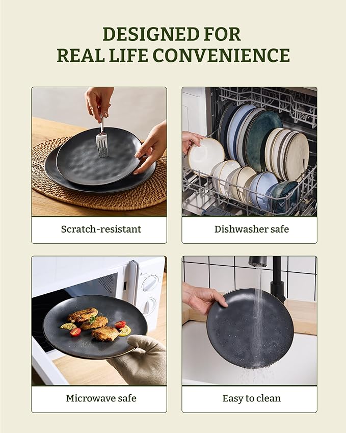 Famiware Dinnerware Sets for 4, Ocean Round 12-Piece Kitchen Plates and Bowls Sets, Microwave and Dishwasher Safe, Scratch Resistant, Matte Black