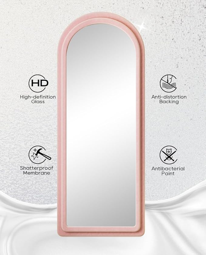 Floor Mirror, Full Length Mirror with Stand, 63"x24" Freestanding Arched Mirror Full Length Hanging or Leaning, Wall Mounted Mirrors with Flannel Frame, Large Mirrors for Bedroom (Pink)