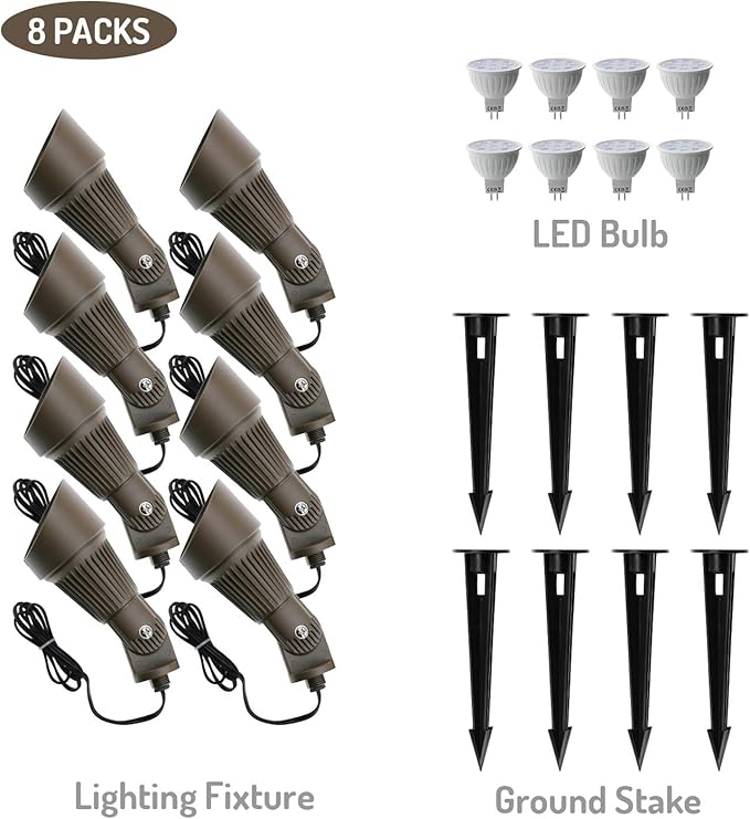 4W LED Landscape Lighting Low Voltage Landscape Lights Spotlights GL106-BZLED8 AC/DC 12V Warm White Waterproof for Driveway,Yard, Lawn,Patio,Walls,Trees,Flags,Outdoor Light (Bronze, 8 Pack)