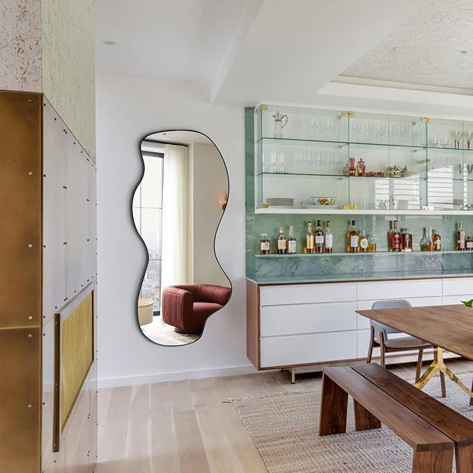 POZINO Large Irregular Mirror, Asymmetrical Full Length Mirror, 55"x25.5" Wavy Shaped Mirrors, Modern Frameless Decorative Mirrors for Dressing Living Room Bathroom Bedroom Hallway Entryway