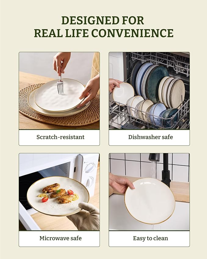 Famiware Dinnerware Sets for 8, Ocean Round 24-Piece Kitchen Plates and Bowls Sets, Microwave and Dishwasher Safe, Scratch Resistant, Vanilla White