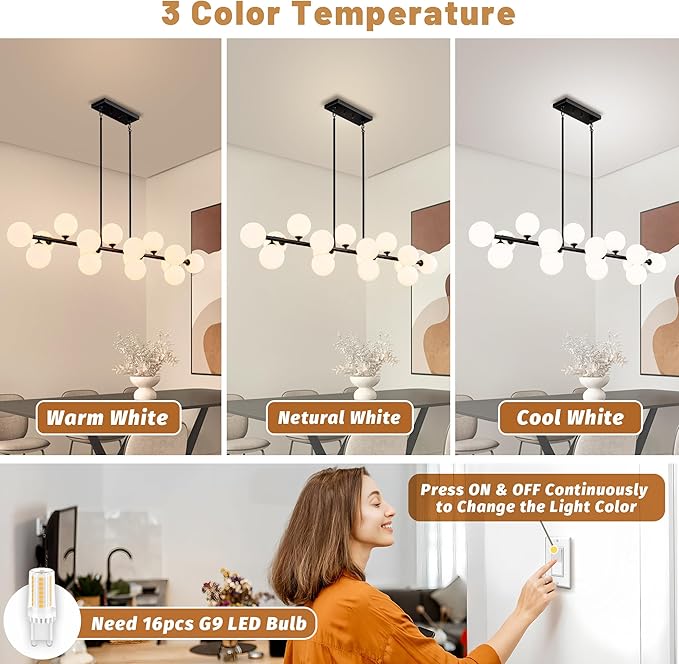 Linear Chandeliers for Dining Room, 55in Large Modern Globe Chandelier 16-Light Large Pendant Lights Kitchen Island Lighting with Milk White Glass Sputnik Chandelier Bubble Sputnik Light Fixture