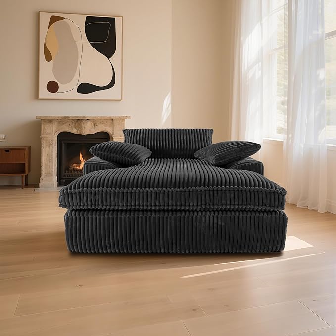 Oversized 67" Chaise Lounge Chair Indoor, Corduroy Upholstered Deep Seat Sofa Couch, Cloud-Soft Boneless Lounger, Comfy Reading Chairs for Living Room & Bedroom, No Assembly Required (Black)
