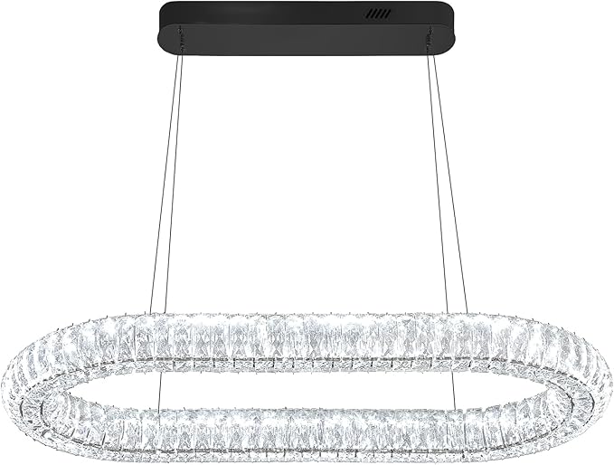 Oval Crystal Chandelier, 31.5'' Black Crystal Ring Pendant Light for Kitchen Island Modern Linear Oval Chandeliers for Dining Room Dimmable 3000K-6000K