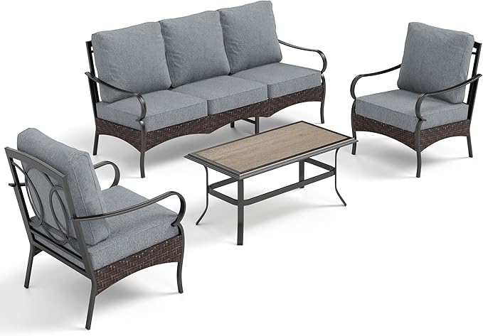 PHI VILLA Outdoor Modern Patio Furniture Set, Upgraded Wicker&Metal Patio Furniture Conversation Set with Waterproof Thick Cushions for Porch, Poolside, Deck, and Yard (4 Pieces,Grey)